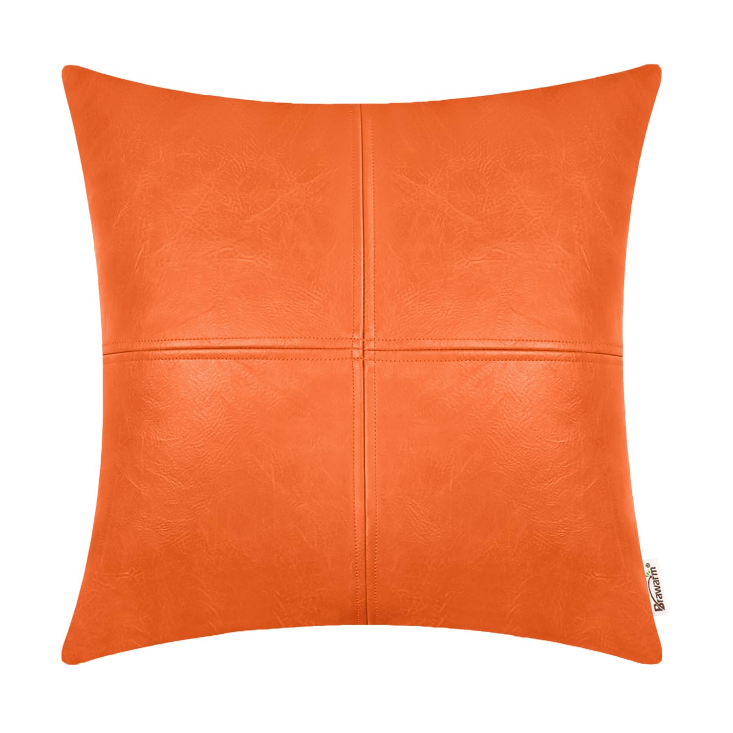 Brawarm Faux Leather Throw Pillow Covers 16 X 16 Inches, Orange Leather Pillow Cover, Hand Stitched Leather Decorative Pillow Co